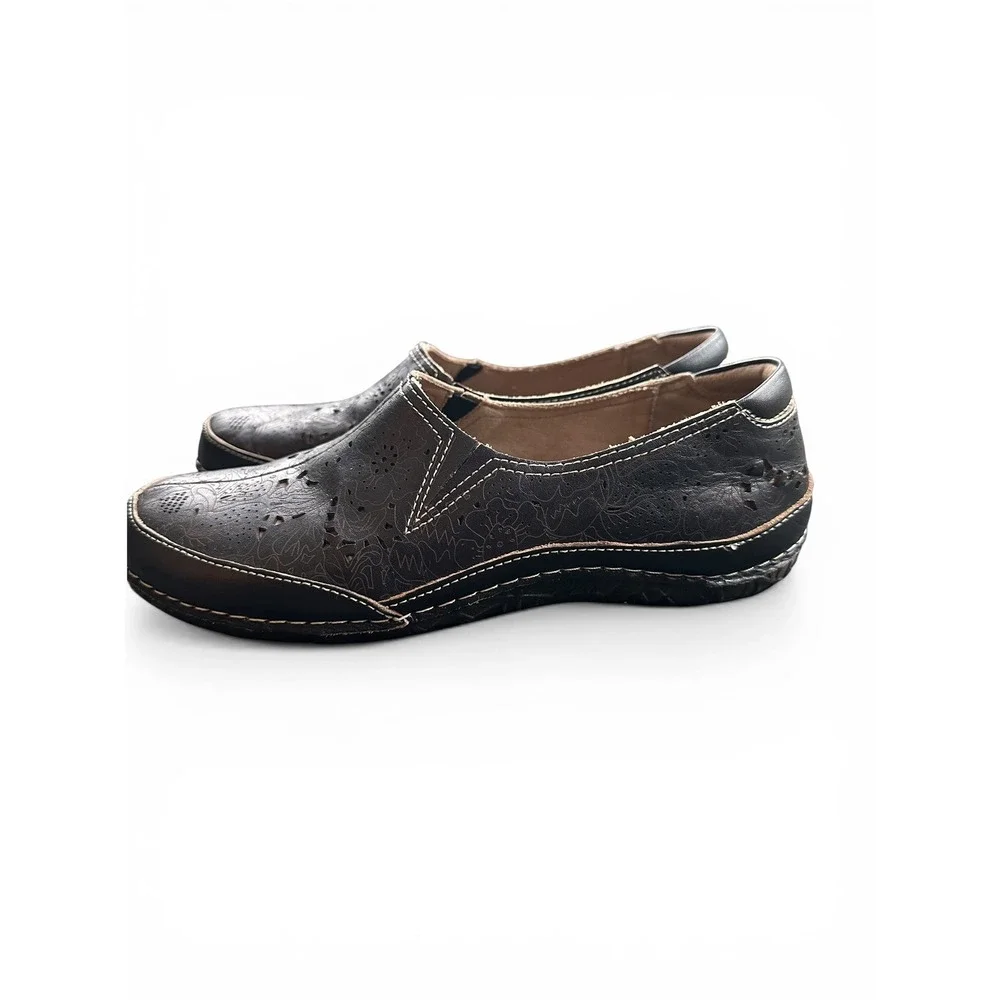 Spring Step L'Artiste Loafers Women 39 Black Excellent Floral Laser Cut Leather